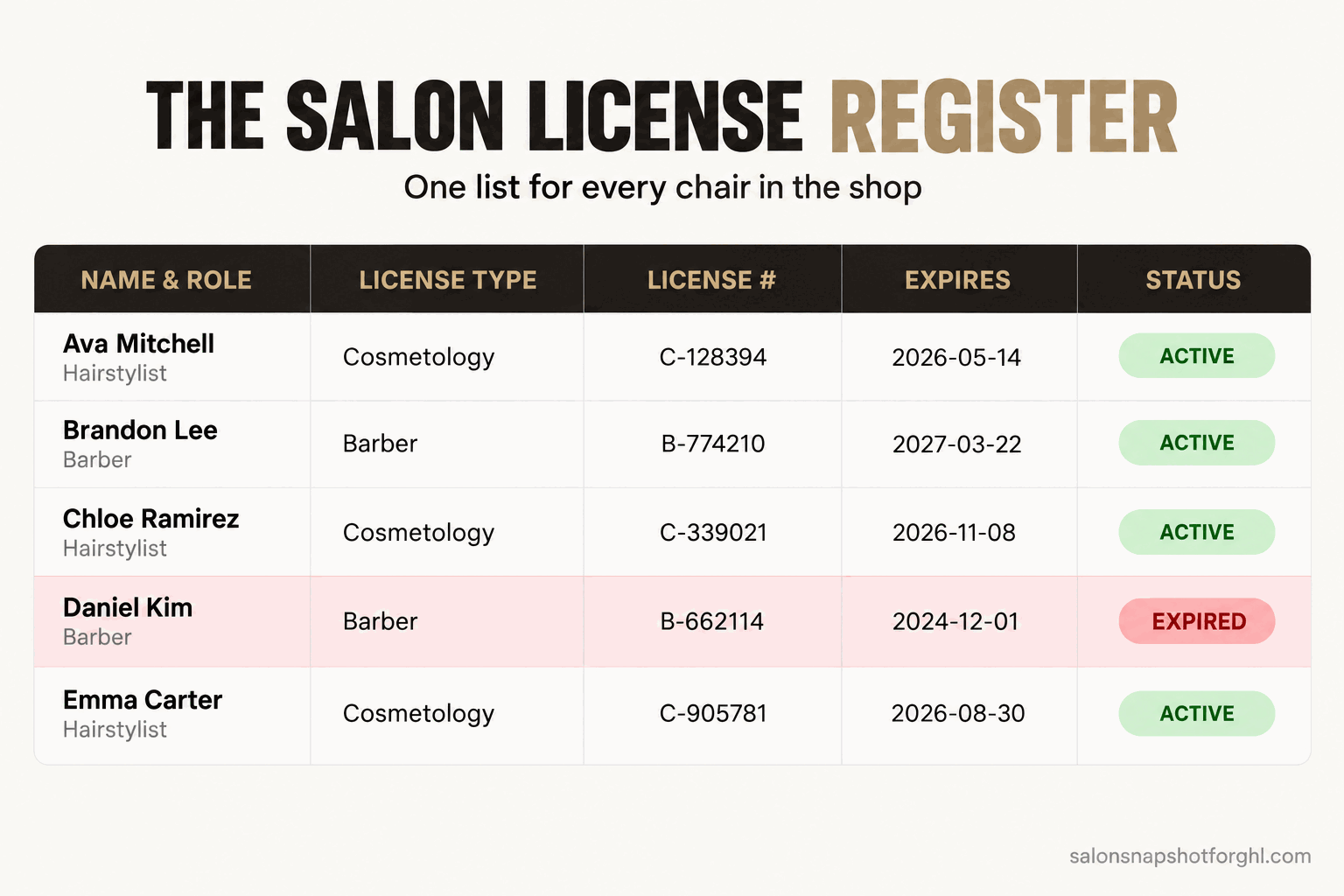 Infographic of a salon license register showing five columns for each worker: name and role, license type (cosmetologist, barber, esthetician), license number, expiration date, and continuing education status, with one row highlighted red for an expired license and green rows for current ones.