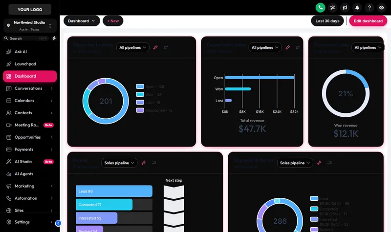 GoHighLevel in dark mode with the Obsidian OLED theme